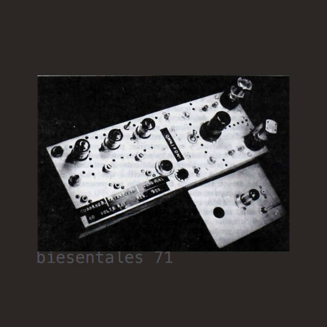 Biesentales 71 cover artwork, showing an Omnifón in black and white, aluminum surface, frectangular, buttons, faders, knobs and plugs.